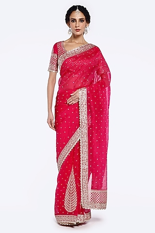 Bright Pink Organza Sequins Embellished Saree Set by Onaya