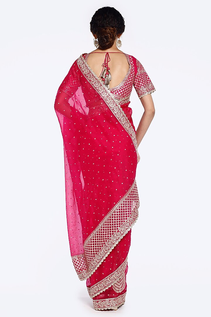 Bright Pink Organza Sequins Embellished Wedding Saree Set by Onaya at Pernia's Pop Up Shop
