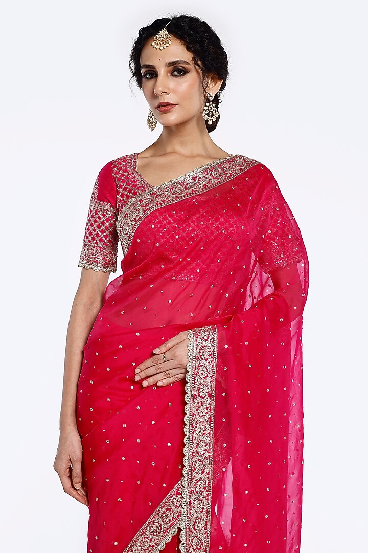 Bright Pink Organza Sequins Embellished Wedding Saree Set by Onaya at Pernia's Pop Up Shop