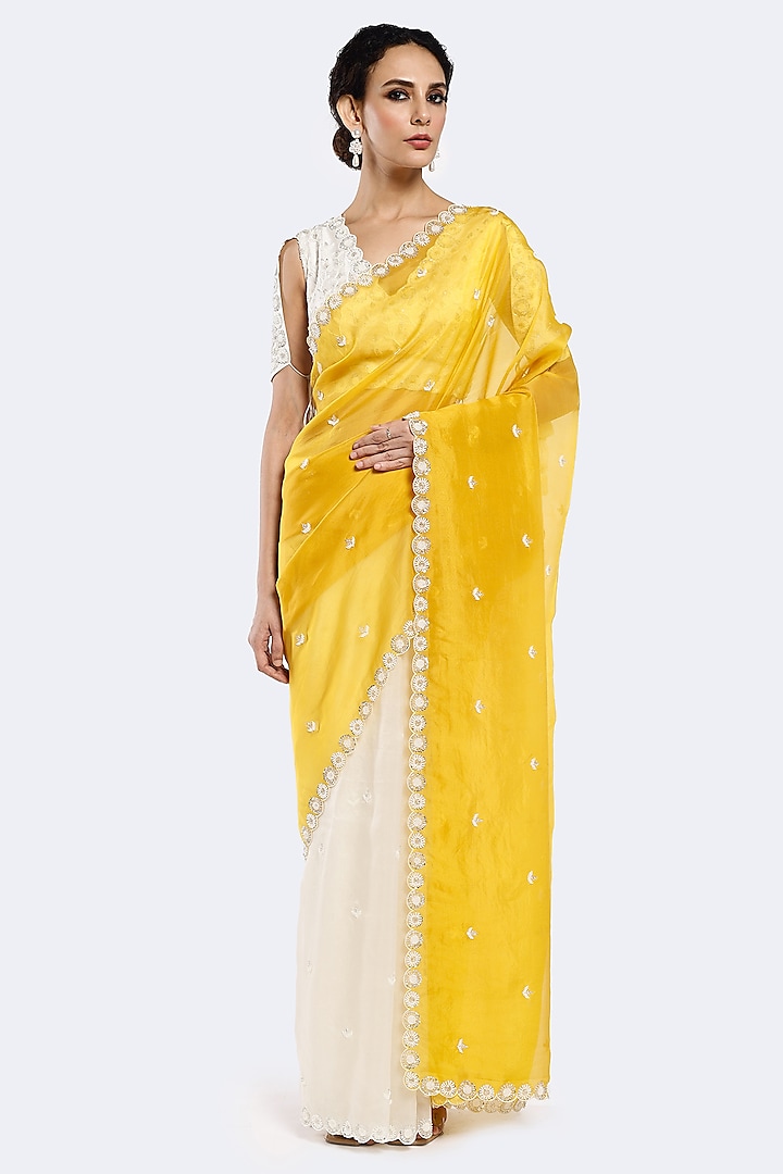 Off-White & Yellow Organza Cheed Embellished Saree Set by Onaya at Pernia's Pop Up Shop