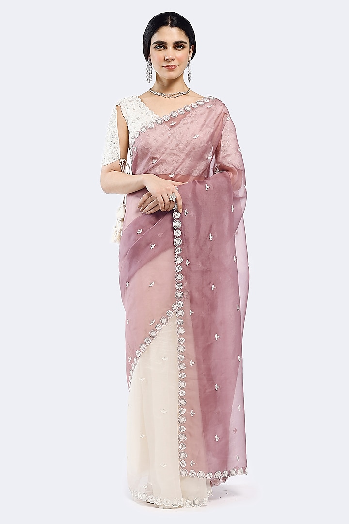 Off-White & Lavender Organza Cheed Embellished Saree Set by Onaya at Pernia's Pop Up Shop