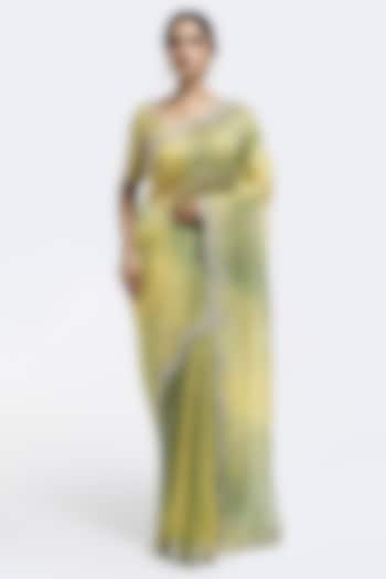 Green & Yellow Organza Sequins Embellished Scalloped Saree Set by Onaya at Pernia's Pop Up Shop