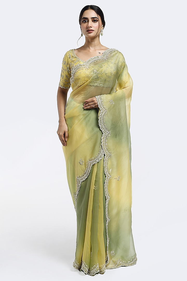 Green & Yellow Organza Sequins Embellished Scalloped Saree Set by Onaya at Pernia's Pop Up Shop