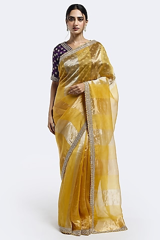 Mustard Tissue Sequins Embellished Saree Set by Onaya