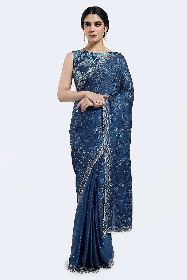 Blue Organza Floral Printed Saree Set by Onaya at Pernia's Pop Up Shop