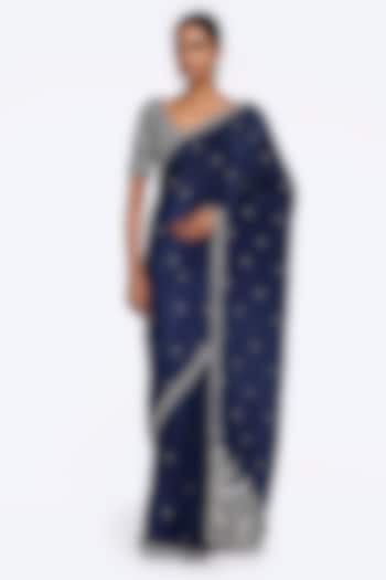 Dark Navy Blue Crepe Floral Embellished Saree Set by Onaya at Pernia's Pop Up Shop