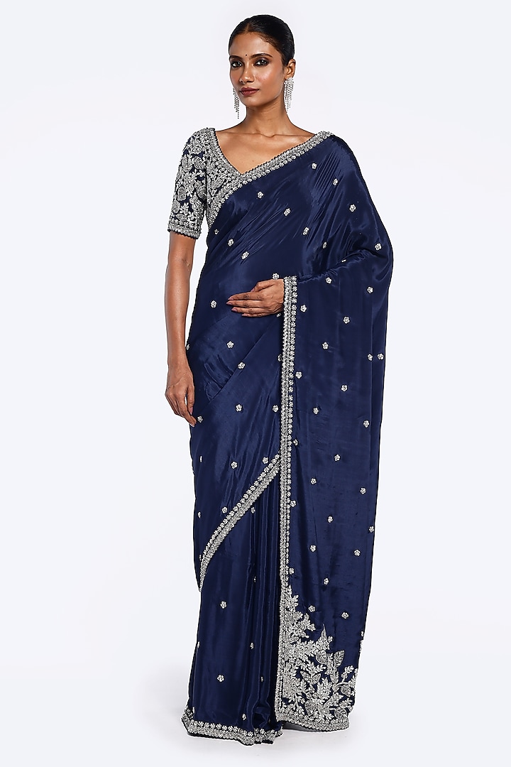 Dark Navy Blue Crepe Floral Embellished Saree Set by Onaya at Pernia's Pop Up Shop