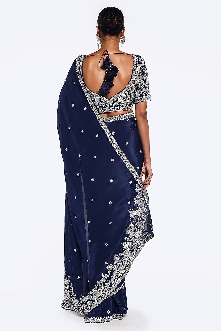 Dark Navy Blue Crepe Floral Embellished Party Wear Saree Set by Onaya at Pernia's Pop Up Shop