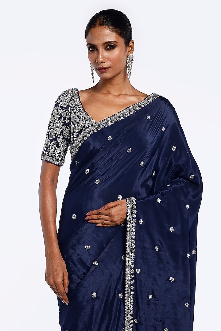 Dark Navy Blue Crepe Floral Embellished Party Wear Saree Set by Onaya at Pernia's Pop Up Shop