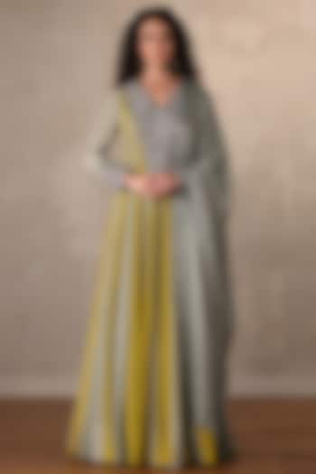 Dusky Blue & Lime Green Organza Embroidered Striped Wedding Anarkali Set by Onaya at Pernia's Pop Up Shop