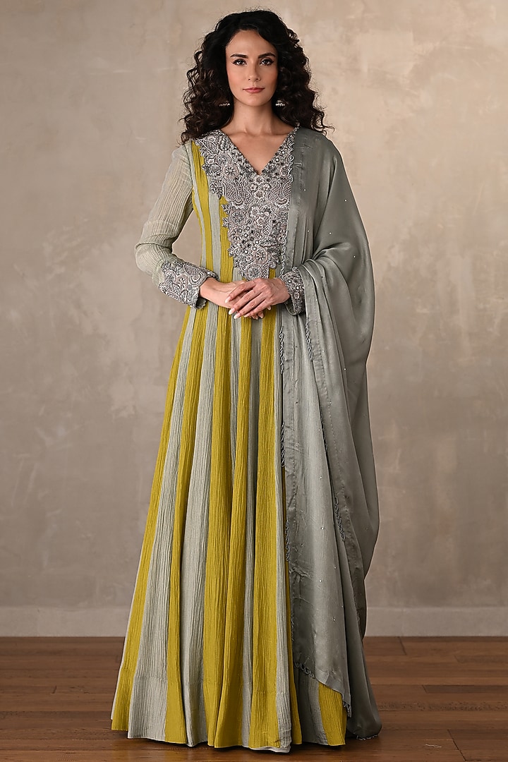 Dusky Blue & Lime Green Organza Embroidered Striped Wedding Anarkali Set by Onaya at Pernia's Pop Up Shop