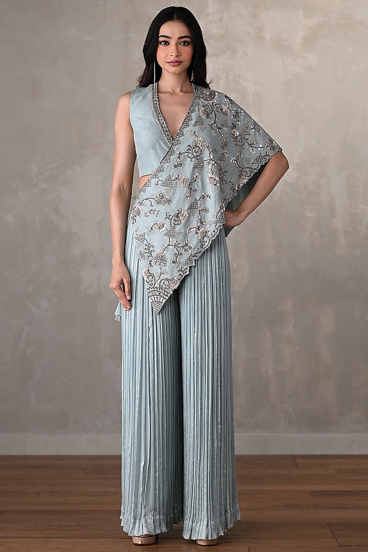 Sky Blue Satin Chiffon Pant Set by Onaya at Pernia's Pop Up Shop