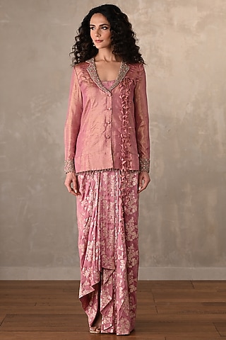 Light Magenta Banarasi Draped Skirt Set by Onaya