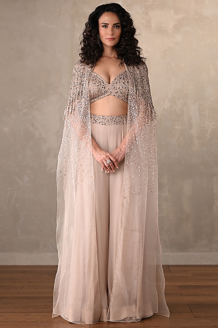 Beige Crepe Embellished Cape Set by Onaya at Pernia's Pop Up Shop