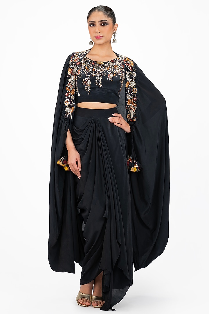 Black Crepe Draped Skirt Set by Onaya at Pernia's Pop Up Shop