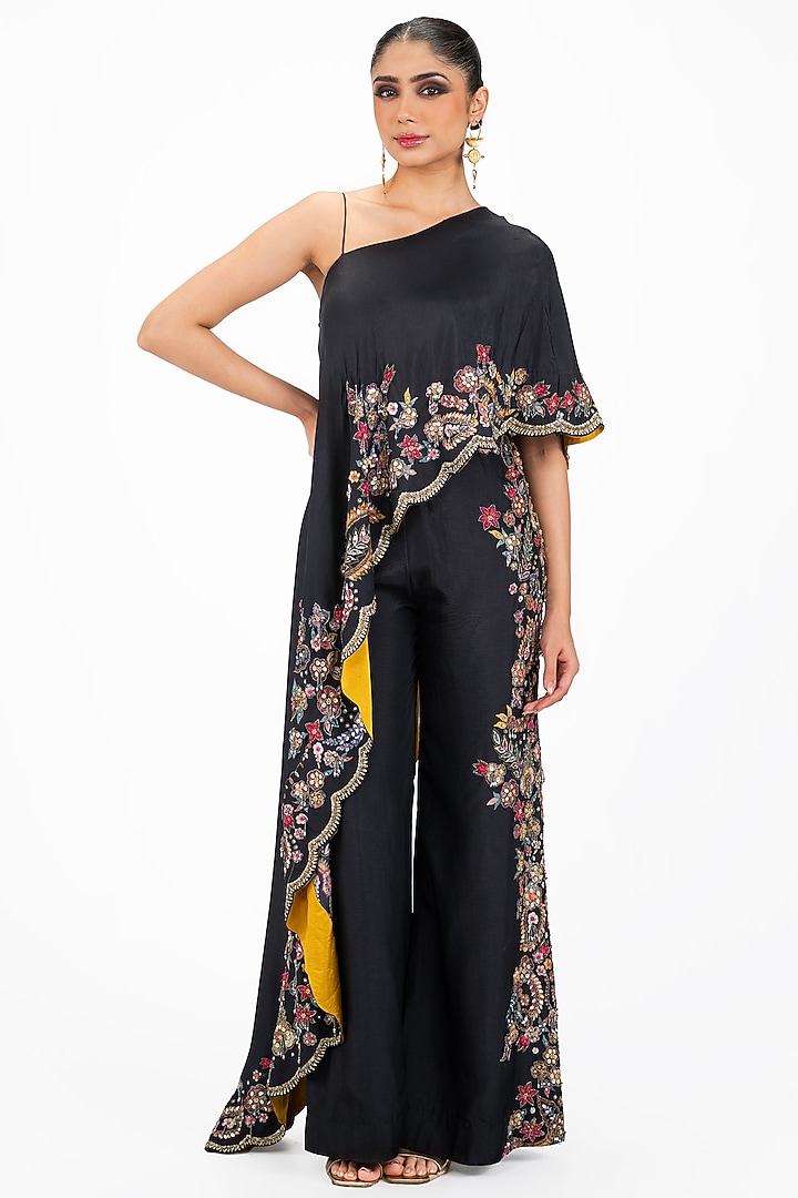 Black Silk Embellished Pant Set by Onaya at Pernia's Pop Up Shop