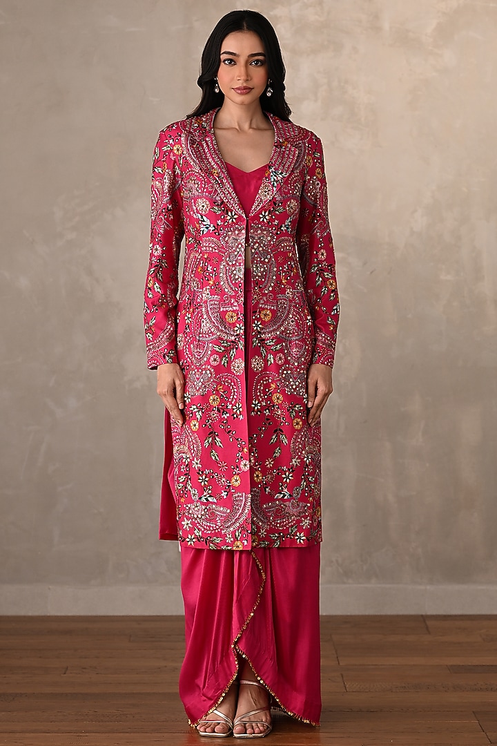 Rani Pink Silk Embellished Long Jacket Set by Onaya at Pernia's Pop Up Shop