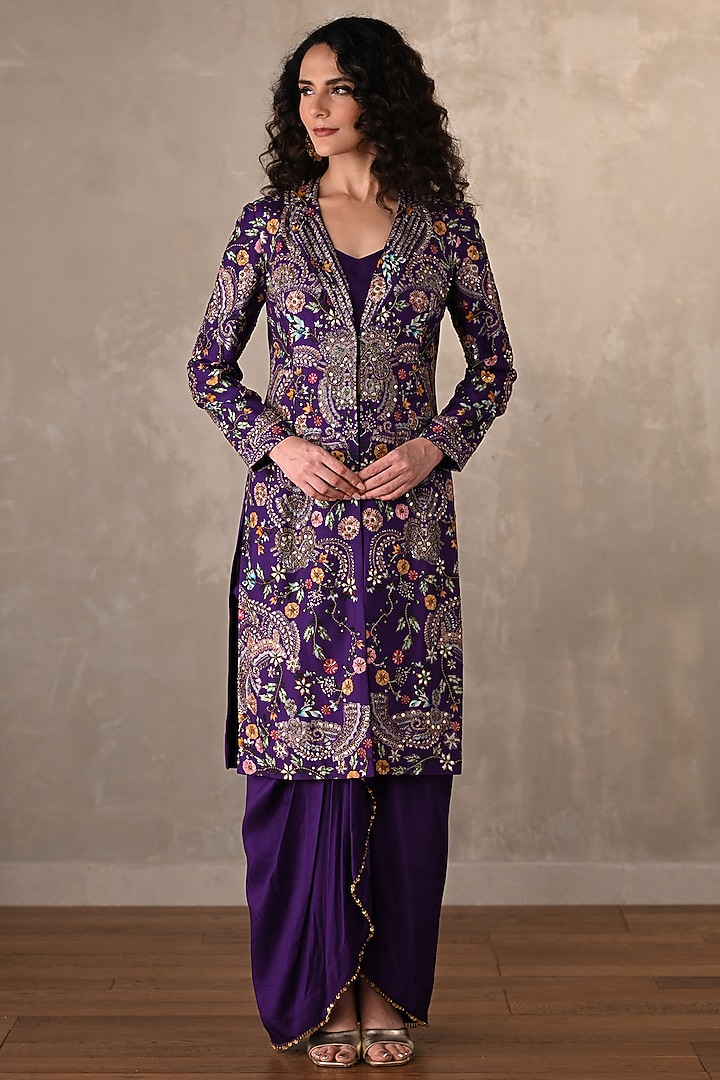 Purple Silk Embellished Long Jacket Set by Onaya at Pernia's Pop Up Shop