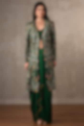Green Silk Embellished Long Jacket Set by Onaya at Pernia's Pop Up Shop