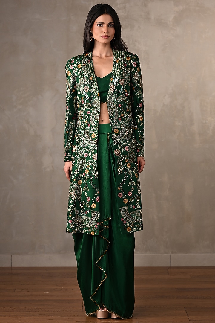 Green Silk Embellished Long Jacket Set by Onaya at Pernia's Pop Up Shop