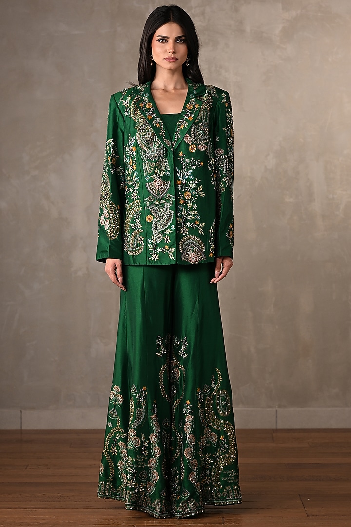 Emerald Green Silk Embellished Pant Set by Onaya at Pernia's Pop Up Shop