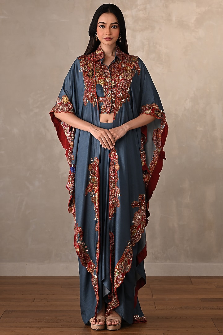 Denim Blue Silk Embellished Cape Set by Onaya at Pernia's Pop Up Shop