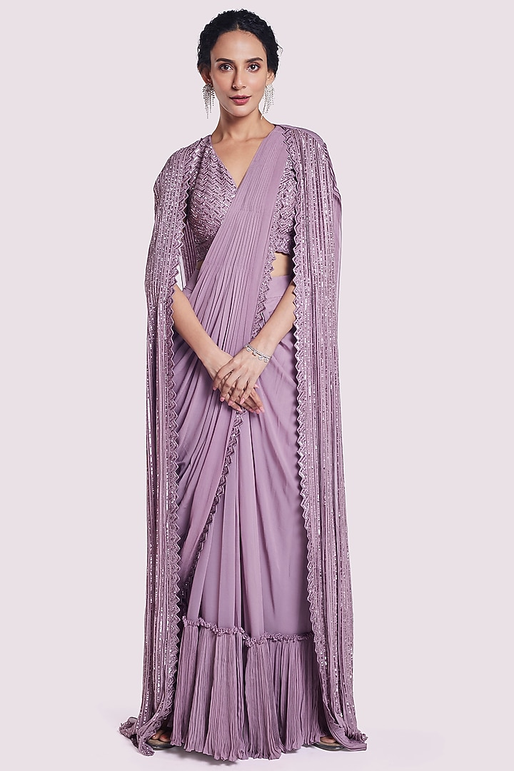 Mauve Georgette Embellished Skirt Wedding Saree Set by Onaya at Pernia's Pop Up Shop