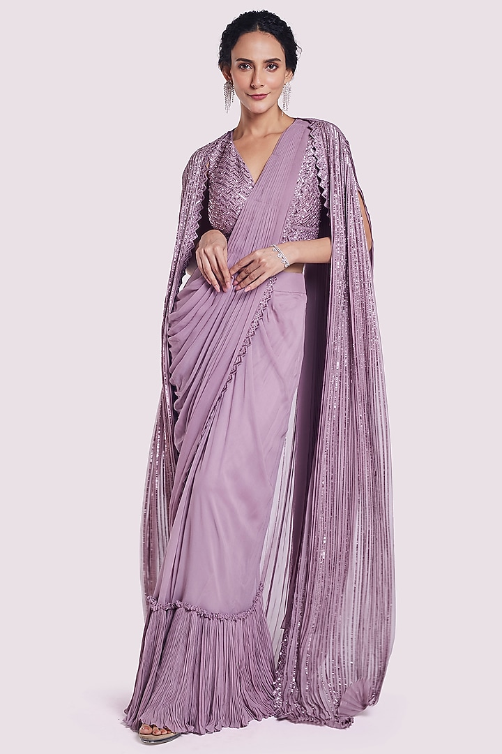 Mauve Georgette Embellished Skirt Wedding Saree Set by Onaya at Pernia's Pop Up Shop
