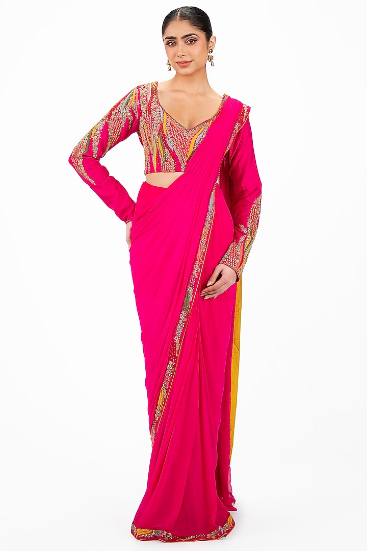 Rani Pink Lycra Embellished Skirt Wedding Saree Set by Onaya at Pernia's Pop Up Shop
