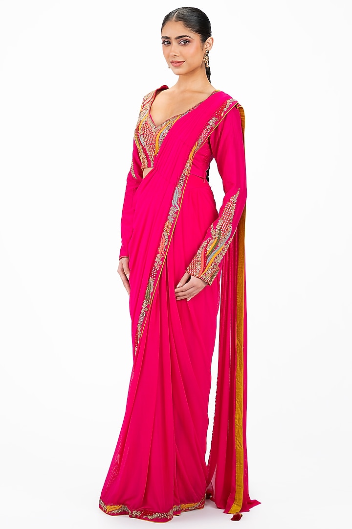 Rani Pink Lycra Embellished Skirt Wedding Saree Set by Onaya at Pernia's Pop Up Shop