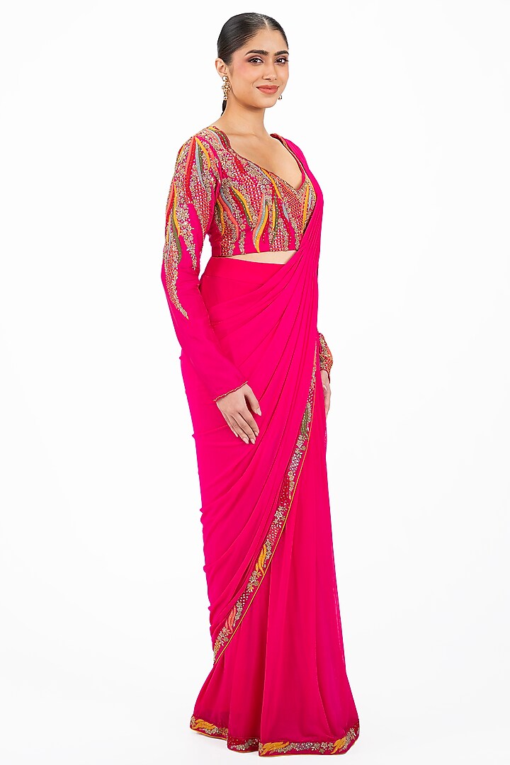 Rani Pink Lycra Embellished Skirt Wedding Saree Set by Onaya at Pernia's Pop Up Shop