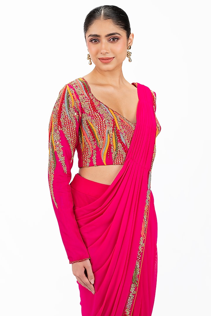 Rani Pink Lycra Embellished Skirt Wedding Saree Set by Onaya at Pernia's Pop Up Shop