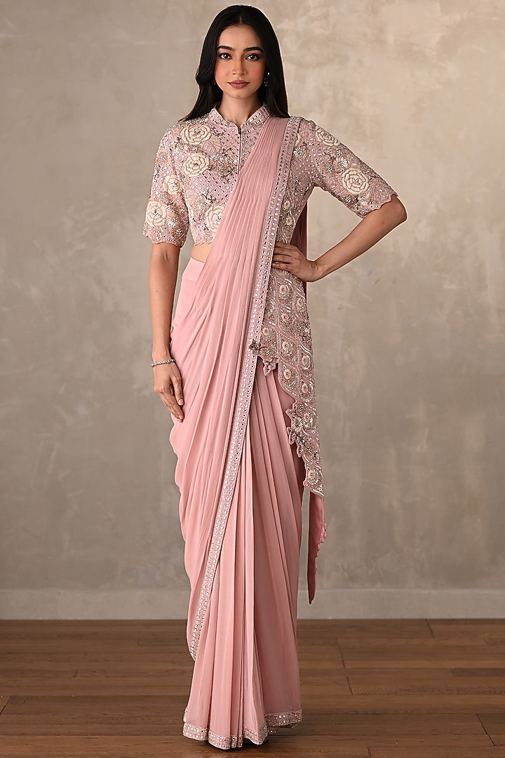 Pink Georgette Embellished Skirt Wedding Saree Set by Onaya at Pernia's Pop Up Shop