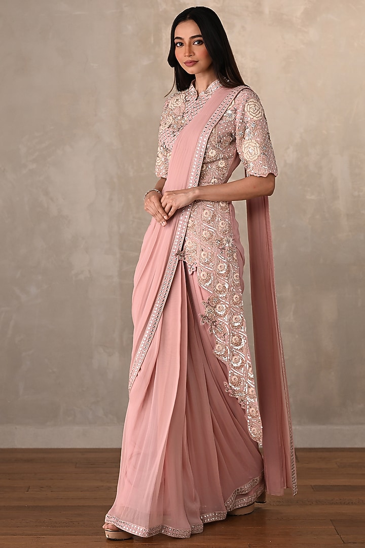 Pink Georgette Embellished Skirt Wedding Saree Set by Onaya at Pernia's Pop Up Shop