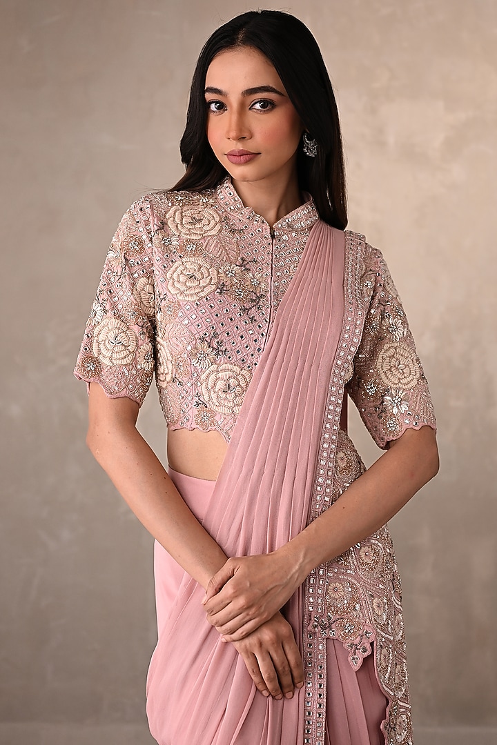 Pink Georgette Embellished Skirt Wedding Saree Set by Onaya at Pernia's Pop Up Shop