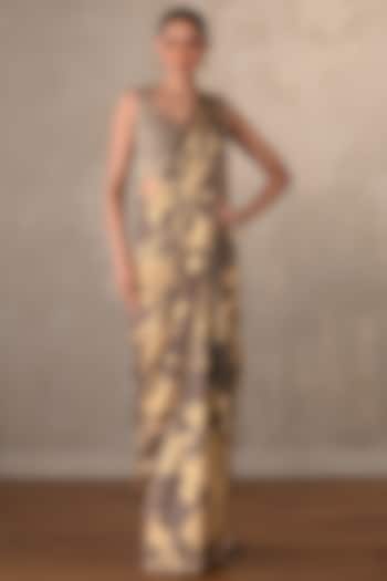 Grey & Gold Foil Embellished Skirt Party Wear Saree Set by Onaya at Pernia's Pop Up Shop