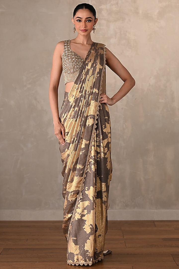 Grey & Gold Foil Embellished Skirt Party Wear Saree Set by Onaya at Pernia's Pop Up Shop