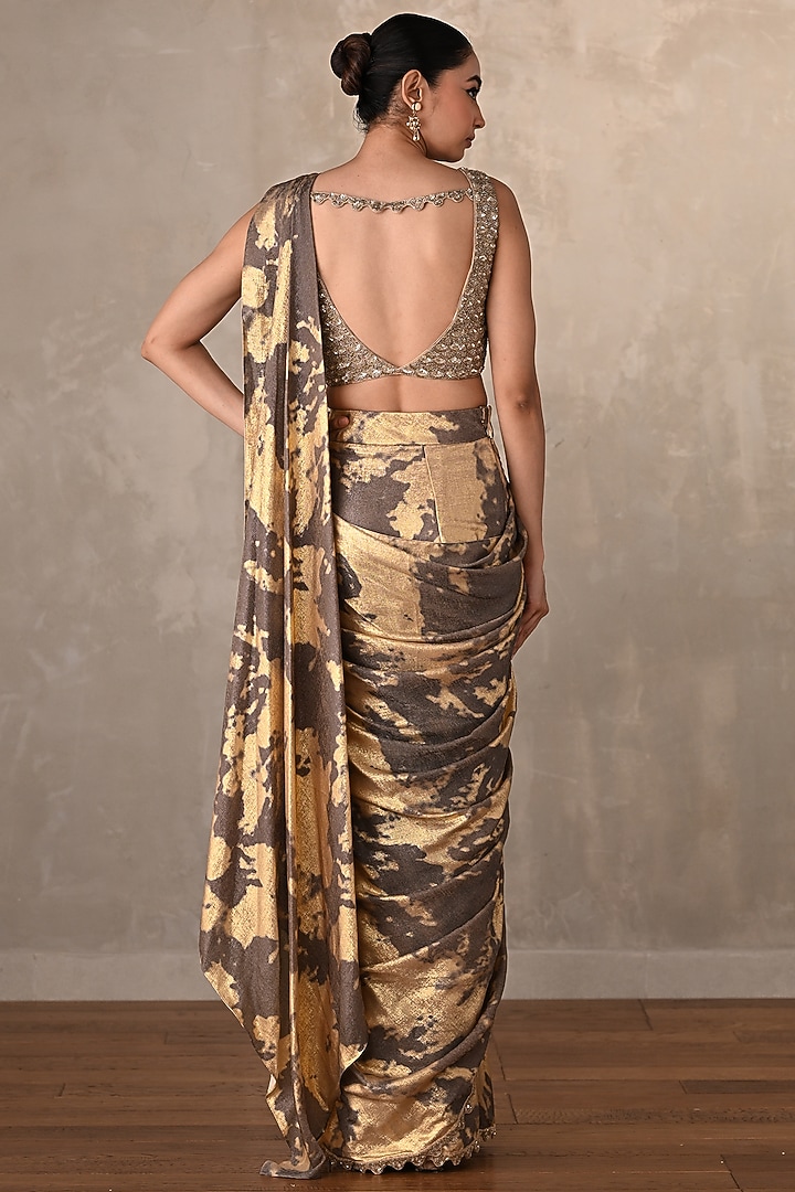 Grey & Gold Foil Embellished Skirt Party Wear Saree Set by Onaya at Pernia's Pop Up Shop