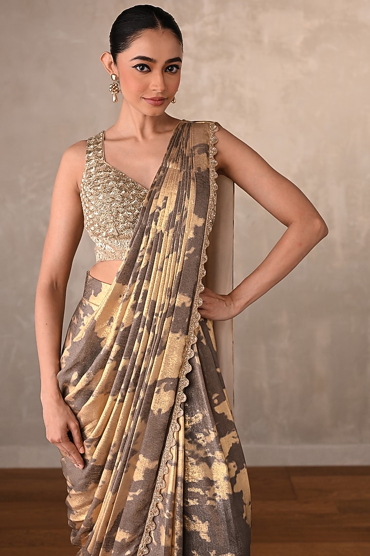 Grey & Gold Foil Embellished Skirt Party Wear Saree Set by Onaya at Pernia's Pop Up Shop