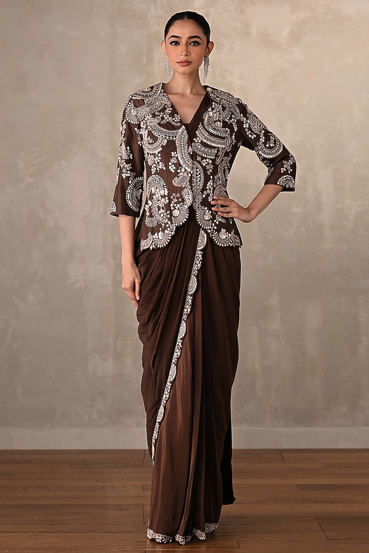 Brown Crepe Pearl Embroidered Draped Skirt Wedding Saree Set by Onaya at Pernia's Pop Up Shop