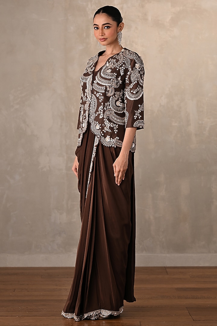 Brown Crepe Pearl Embroidered Draped Skirt Wedding Saree Set by Onaya at Pernia's Pop Up Shop