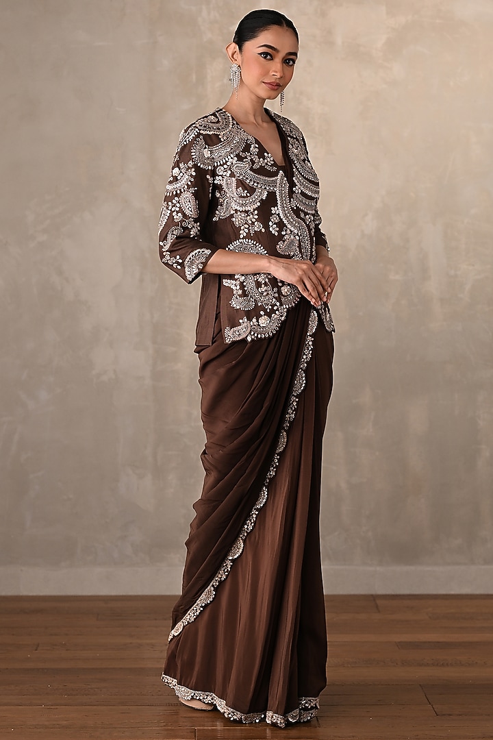 Brown Crepe Pearl Embroidered Draped Skirt Wedding Saree Set by Onaya at Pernia's Pop Up Shop
