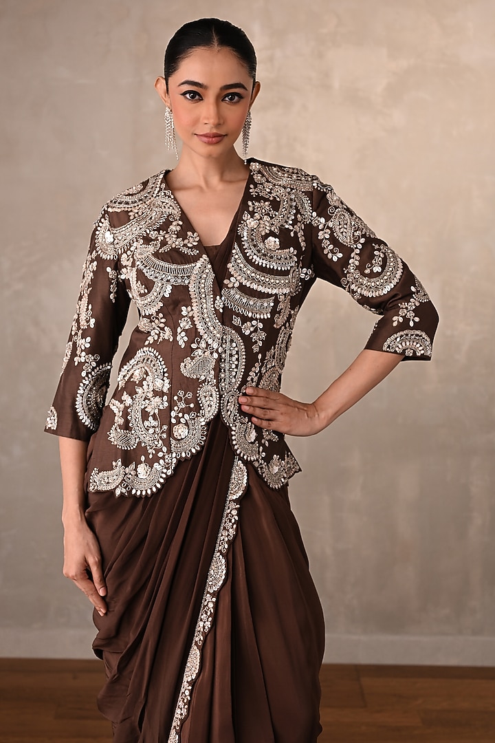 Brown Crepe Pearl Embroidered Draped Skirt Wedding Saree Set by Onaya at Pernia's Pop Up Shop