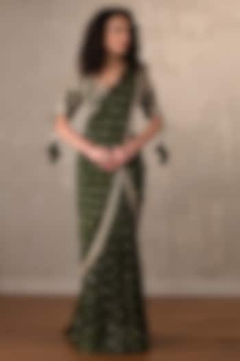 Dark Olive Chanderi Mirror Embroidered Draped Skirt Wedding Saree Set by Onaya at Pernia's Pop Up Shop