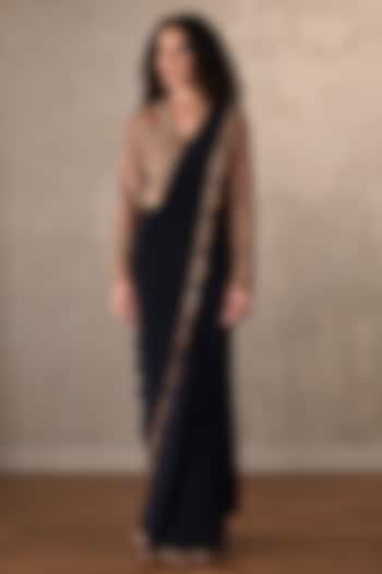 Navy Blue Crepe Draped Wedding Saree Set by Onaya at Pernia's Pop Up Shop