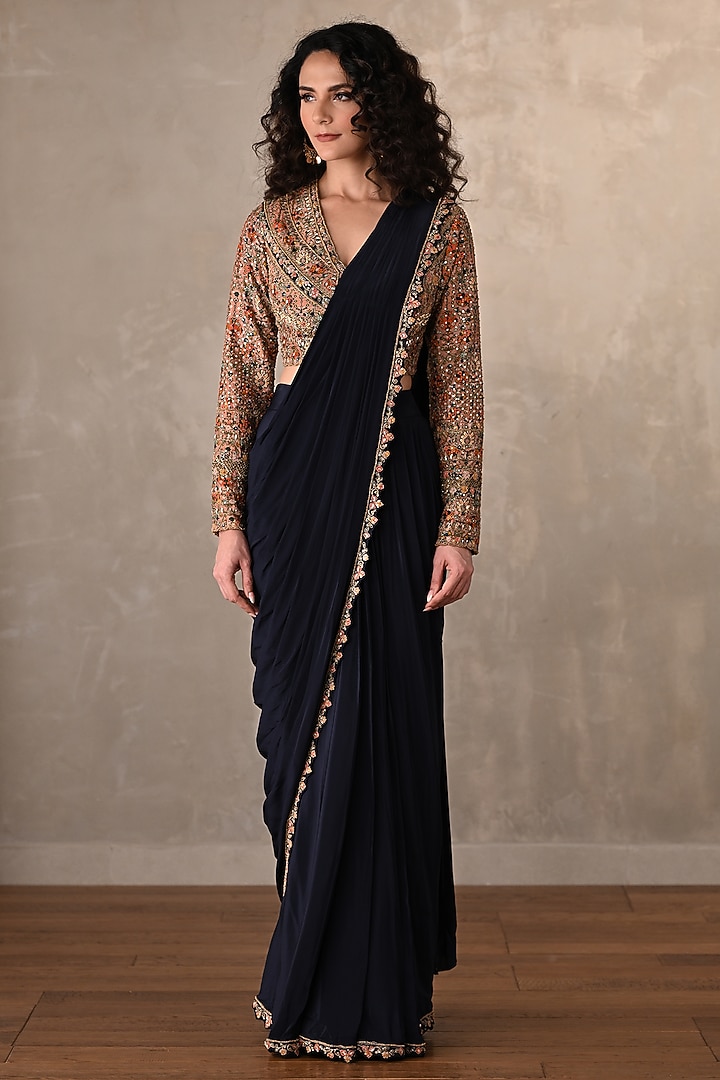 Navy Blue Crepe Draped Wedding Saree Set by Onaya at Pernia's Pop Up Shop