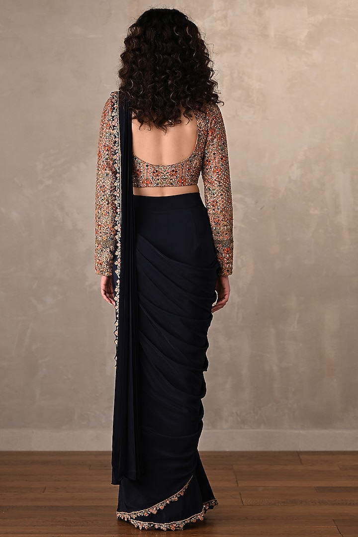 Navy Blue Crepe Draped Wedding Saree Set by Onaya at Pernia's Pop Up Shop