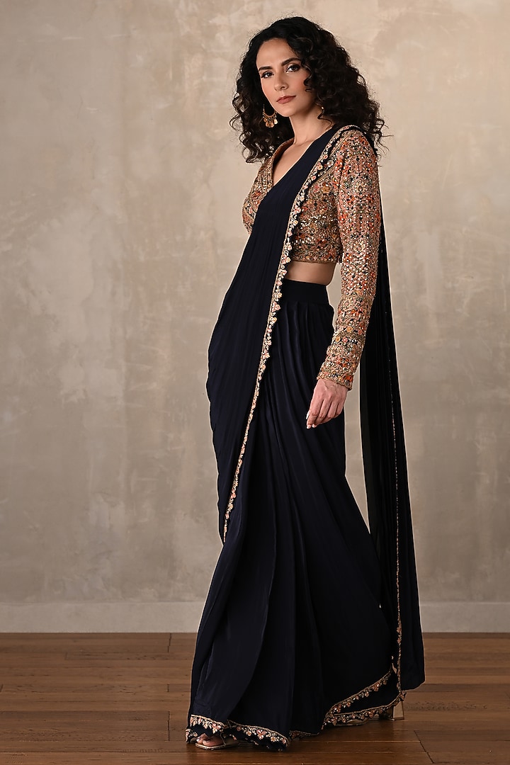 Navy Blue Crepe Draped Wedding Saree Set by Onaya at Pernia's Pop Up Shop