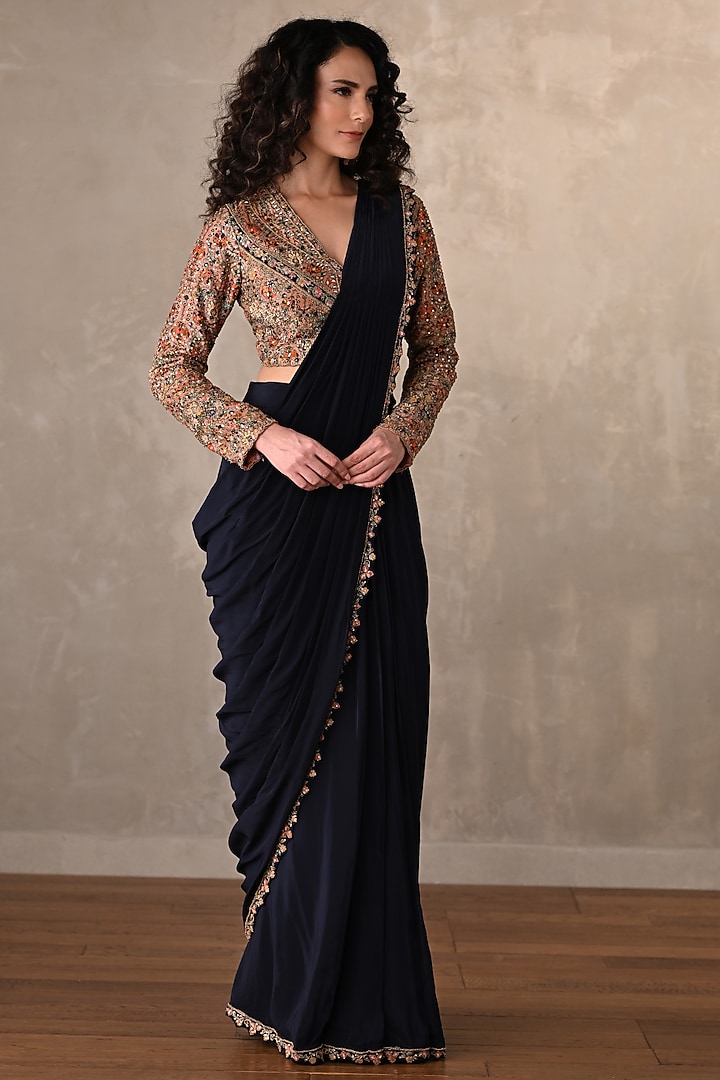 Navy Blue Crepe Draped Wedding Saree Set by Onaya at Pernia's Pop Up Shop