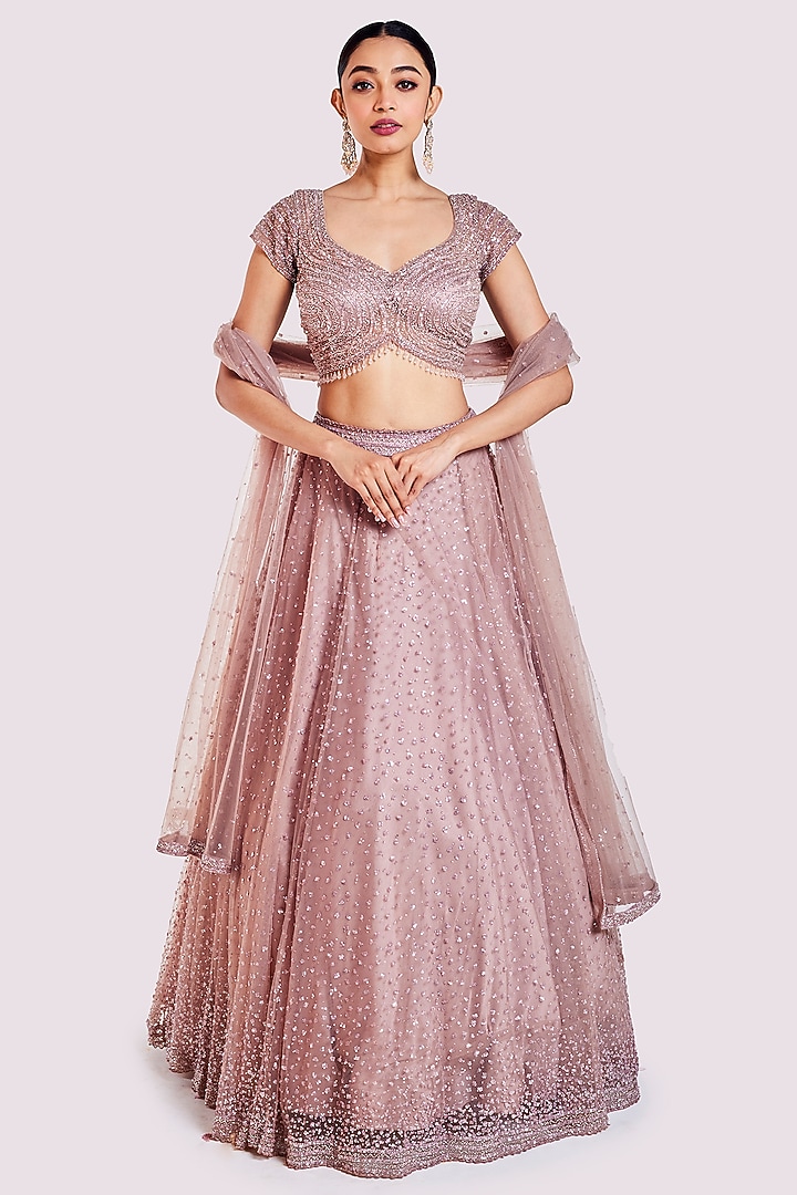 Onion Pink Net Embellished Wedding Lehenga Set by Onaya at Pernia's Pop Up Shop